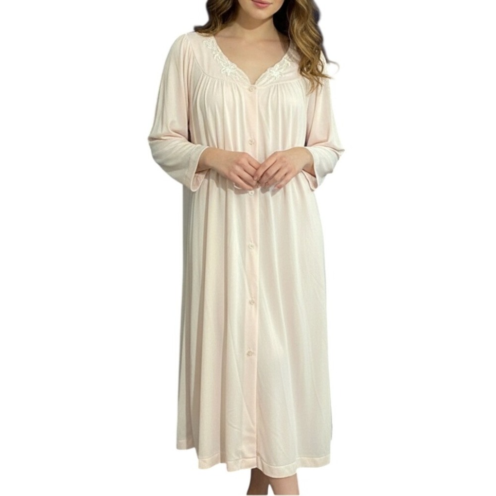MISS ELAINE Lovely Pink EMBROIDERED NECKLINE NYLON Button-Up ROBE/HOUSECOAT S